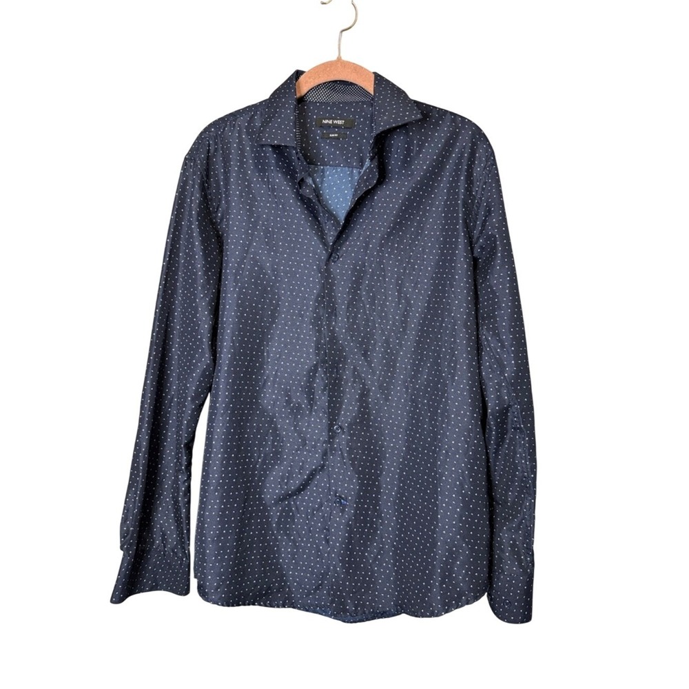 Nine West Mens Slim Fit Navy Blue Micro Print Button Down Dress Shirt M 15-15.5